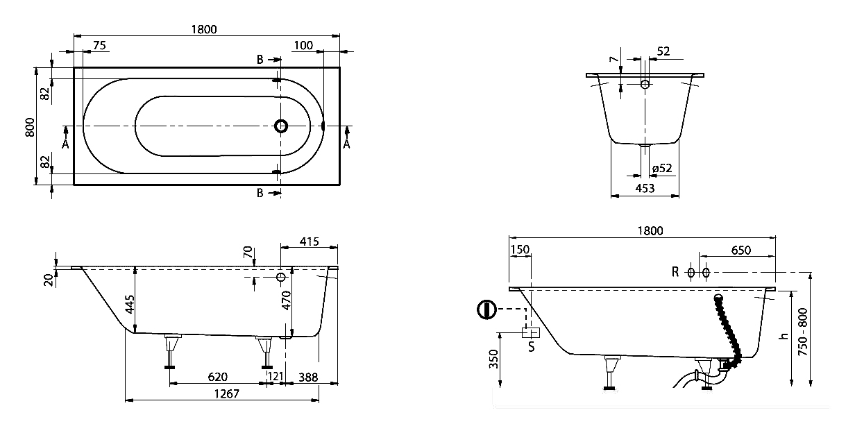 Чертеж Квариловая ванна Villeroy&Boch Oberon 180x80 UBQ180OBE2V-01