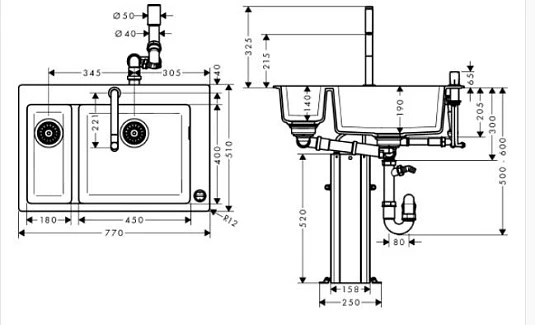 Чертеж Кухонная комбинация hansgrohe C51-F635-09 43220000 хром