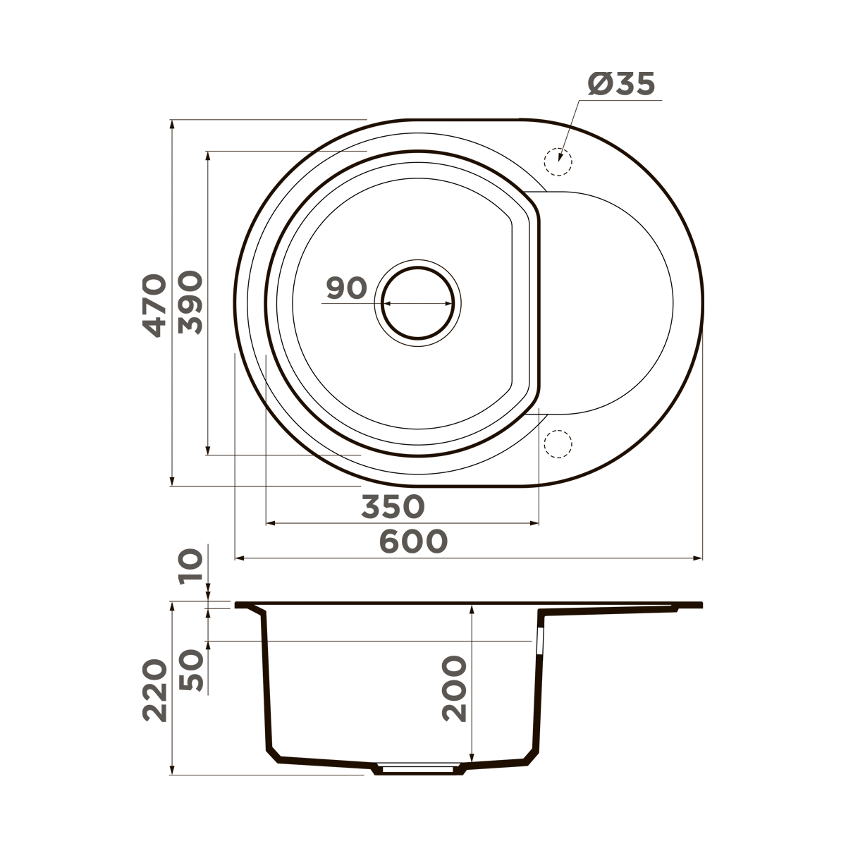 Чертеж Кухонная мойка Omoikiri Sakaime 60E-BL Tetogranit/черный 4993120