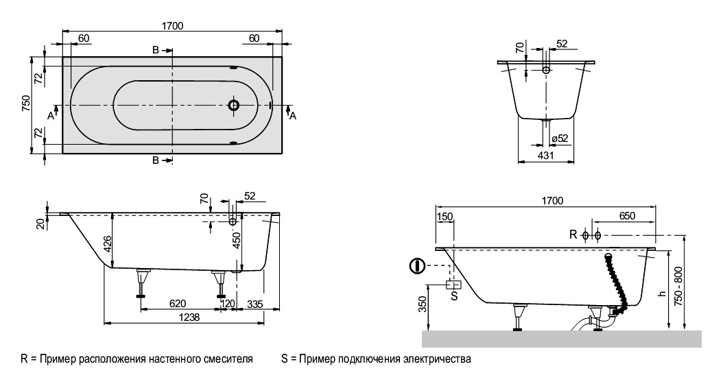 Чертеж Квариловая ванна Villeroy&Boch Oberon 170x75 UBQ170OBE2V-01