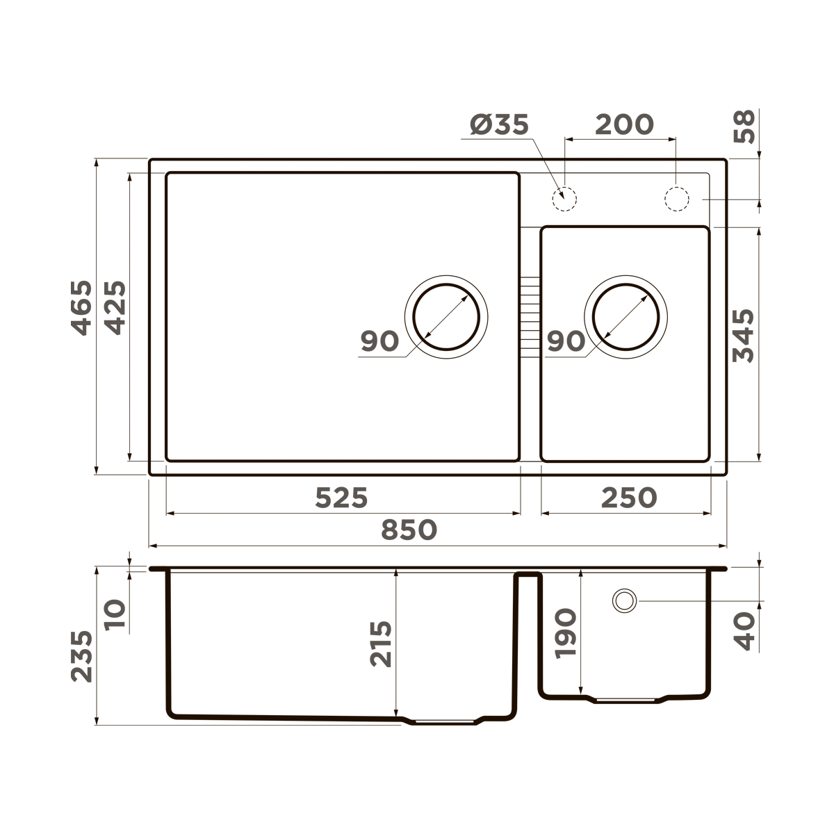 Чертеж Кухонная мойка Omoikiri Tedori 85-2-U-BL Tetogranit/черный 4993940