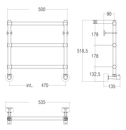 Чертеж Полотенцесушитель водяной Margaroli Sole 440/3/500 хром 50х50 см (4404703CRN)