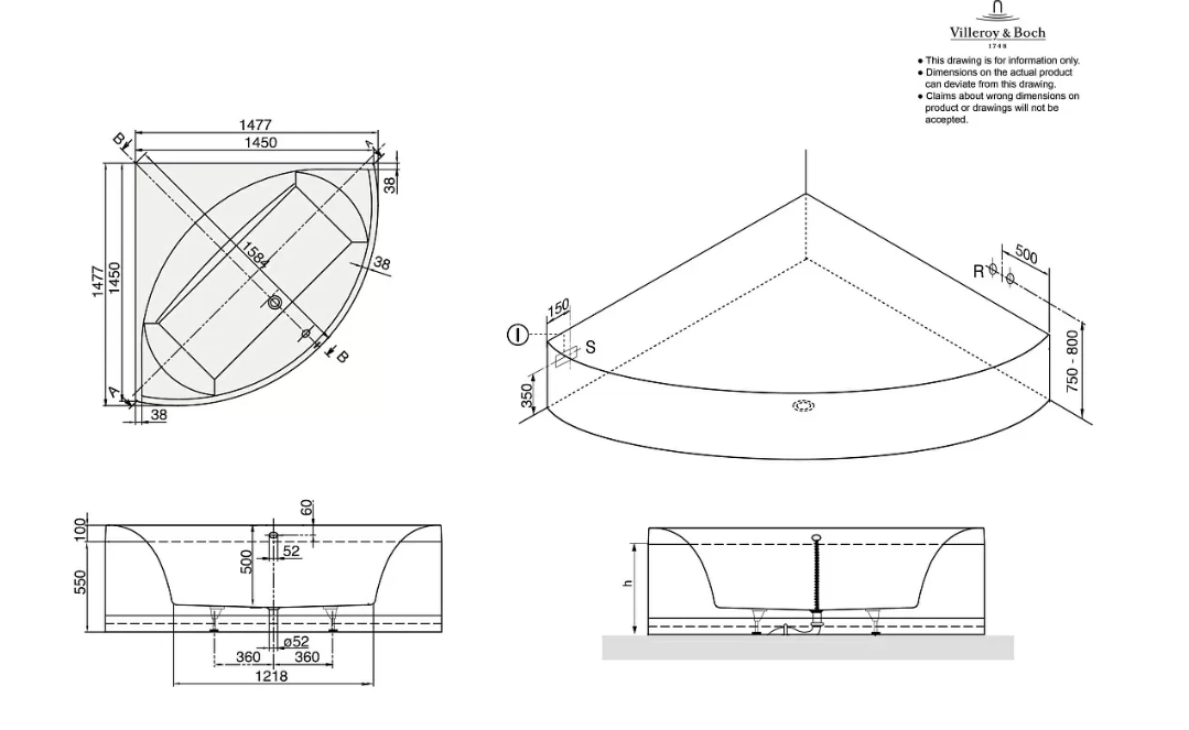 Чертеж Квариловая ванна Villeroy&Boch Squaro 145x145 UBQ145SQR3V-01