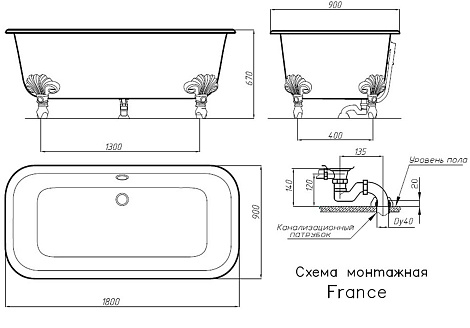 Акриловая ванна Doctor Jet France 180x90 DJ-A8 хром, ножки белые